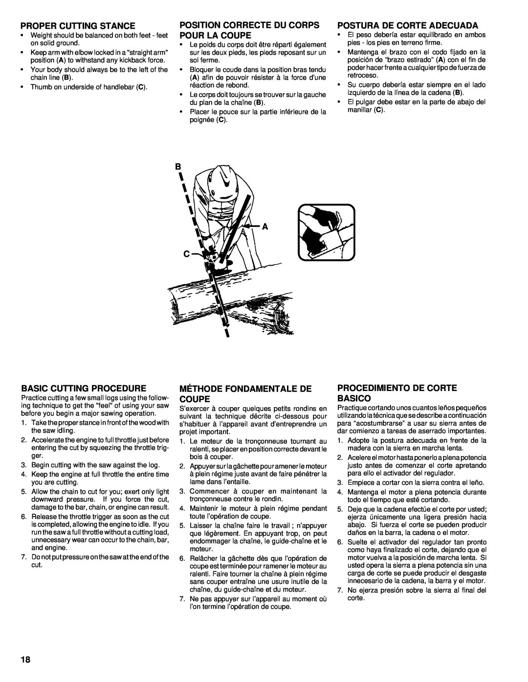 Homelite UT74020 manual Proper Cutting Stance, Position Correcte Du Corps Pour La Coupe, Postura De Corte Adecuada, B A C 