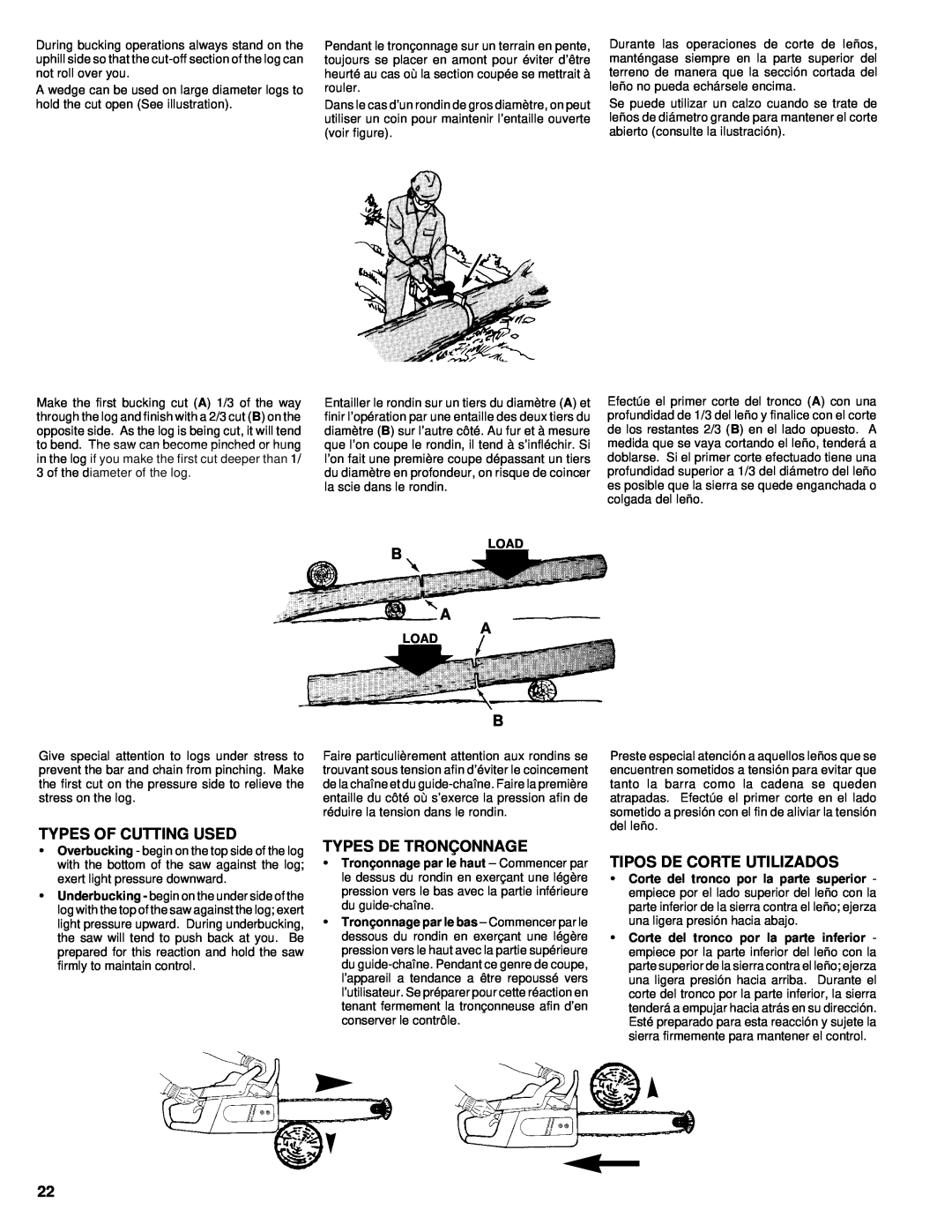 Homelite UT74020 manual B A A, Types Of Cutting Used, Types De Tronçonnage, Tipos De Corte Utilizados, Load 