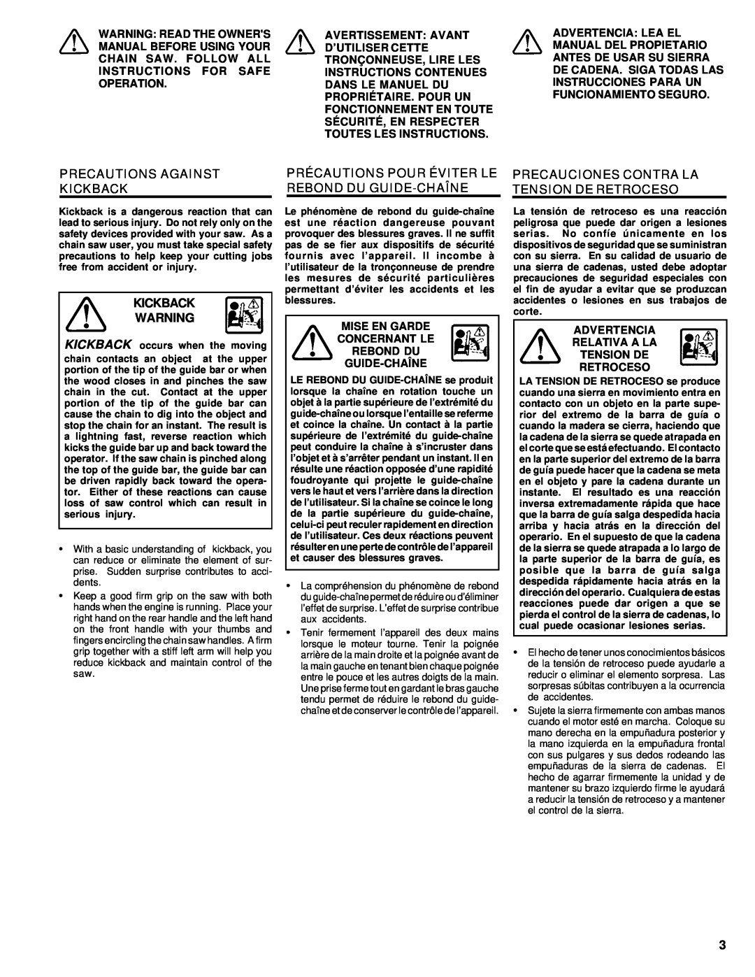 Homelite UT74020 manual Precautions Against Kickback, Précautions Pour Éviter Le Rebond Du Guide-Chaîne 