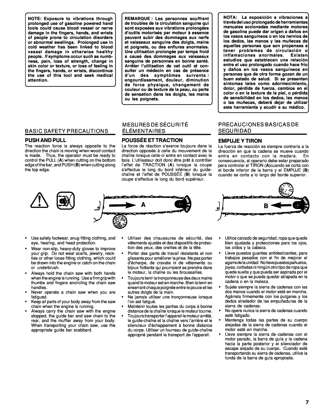 Homelite UT74020 manual Basic Safety Precautions, Push And Pull, Mesures De Sécurité Élémentaires, Poussée Et Traction 
