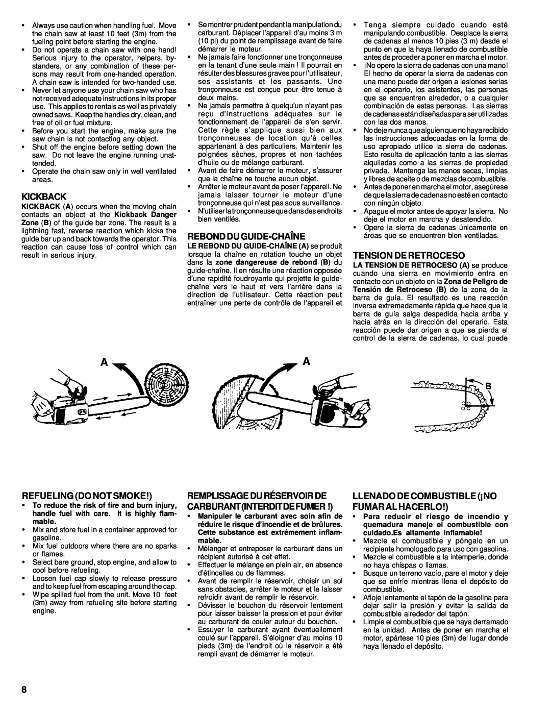 Homelite UT74020 manual Rebond Du Guide-Chaîne, Tension De Retroceso, Refueling Do Not Smoke, Kickback 