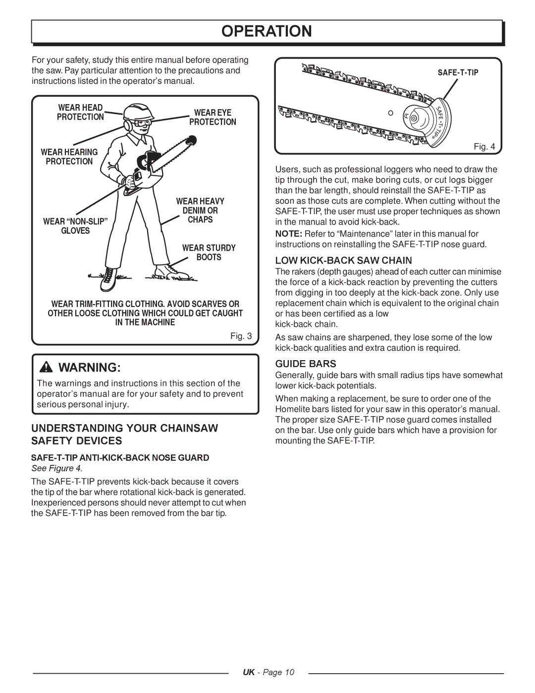 Homelite UT74121A manual Operation, Understanding Your Chainsaw Safety Devices, LOW KICK-BACK SAW Chain, Guide Bars 