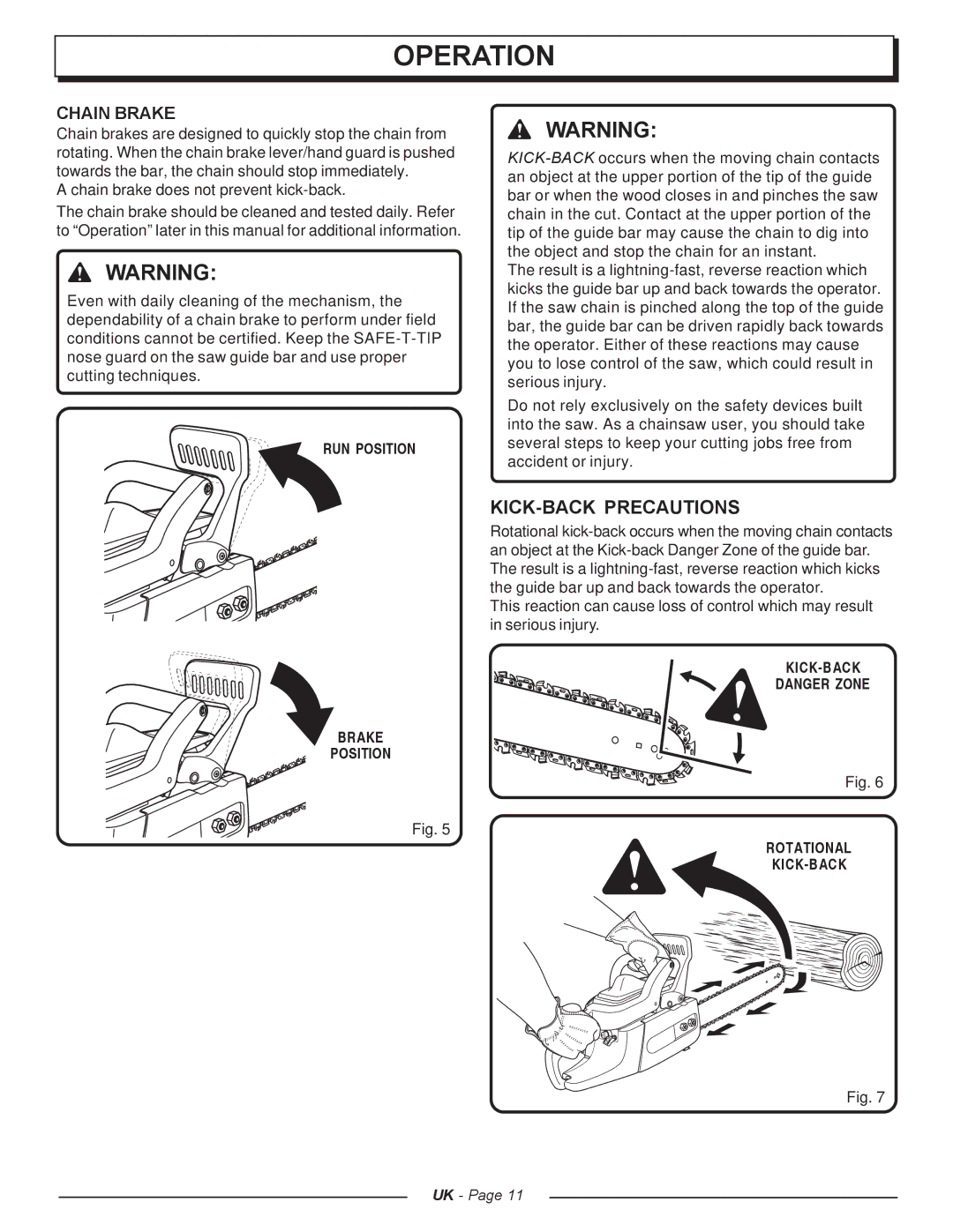 Homelite UT74121A manual KICK-BACK Precautions, Chain Brake, RUN Position, KICK-BACK Brake Position Rotational 