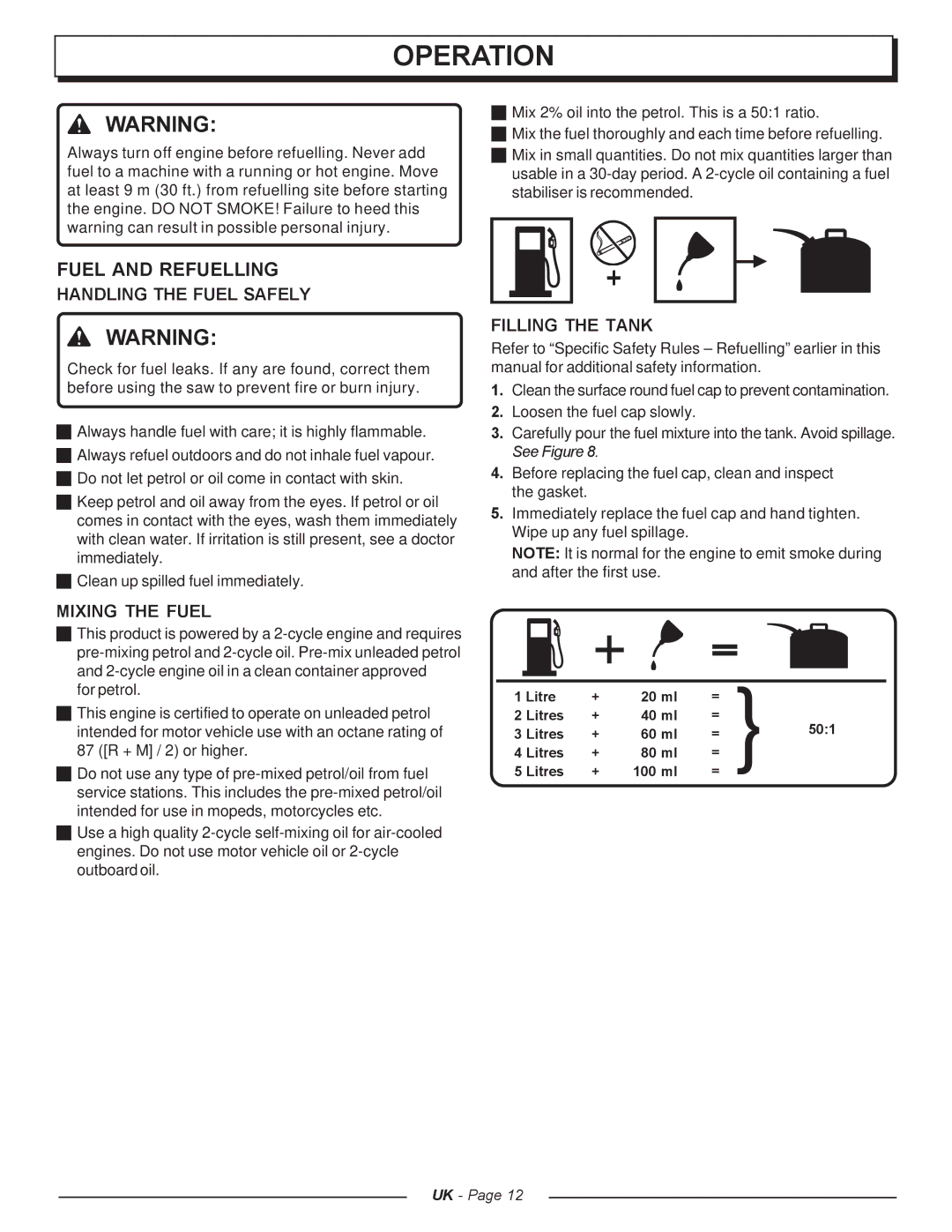 Homelite UT74121A manual Fuel and Refuelling, Handling the Fuel Safely, Mixing the Fuel, Filling the Tank 