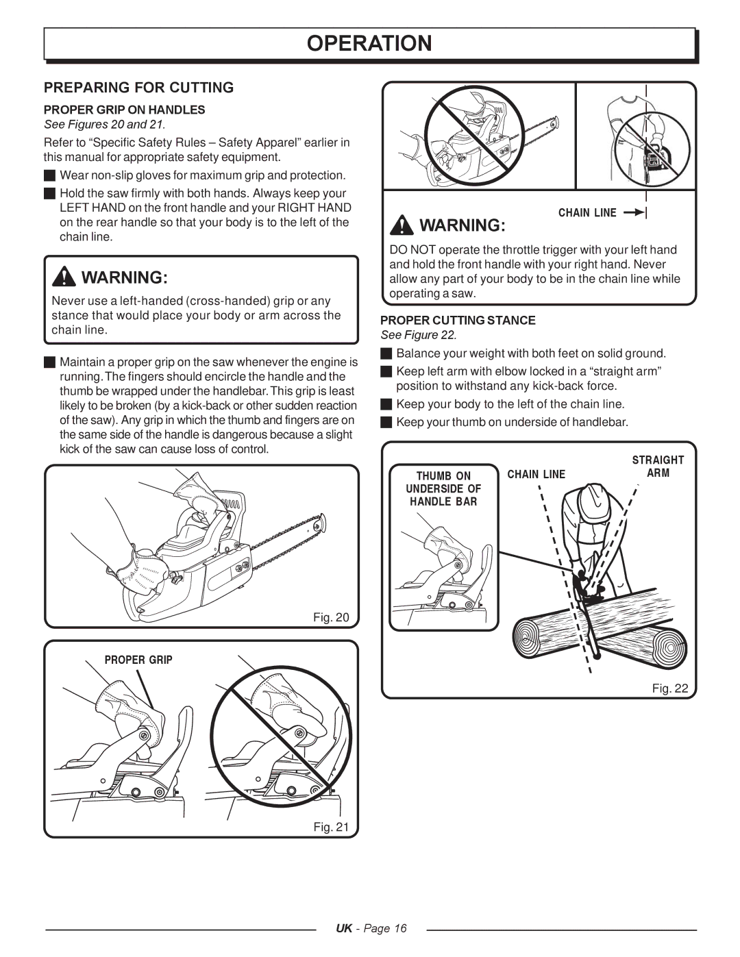 Homelite UT74121A manual Preparing for Cutting, Proper Grip on Handles, Chain Line, Proper Cutting Stance 