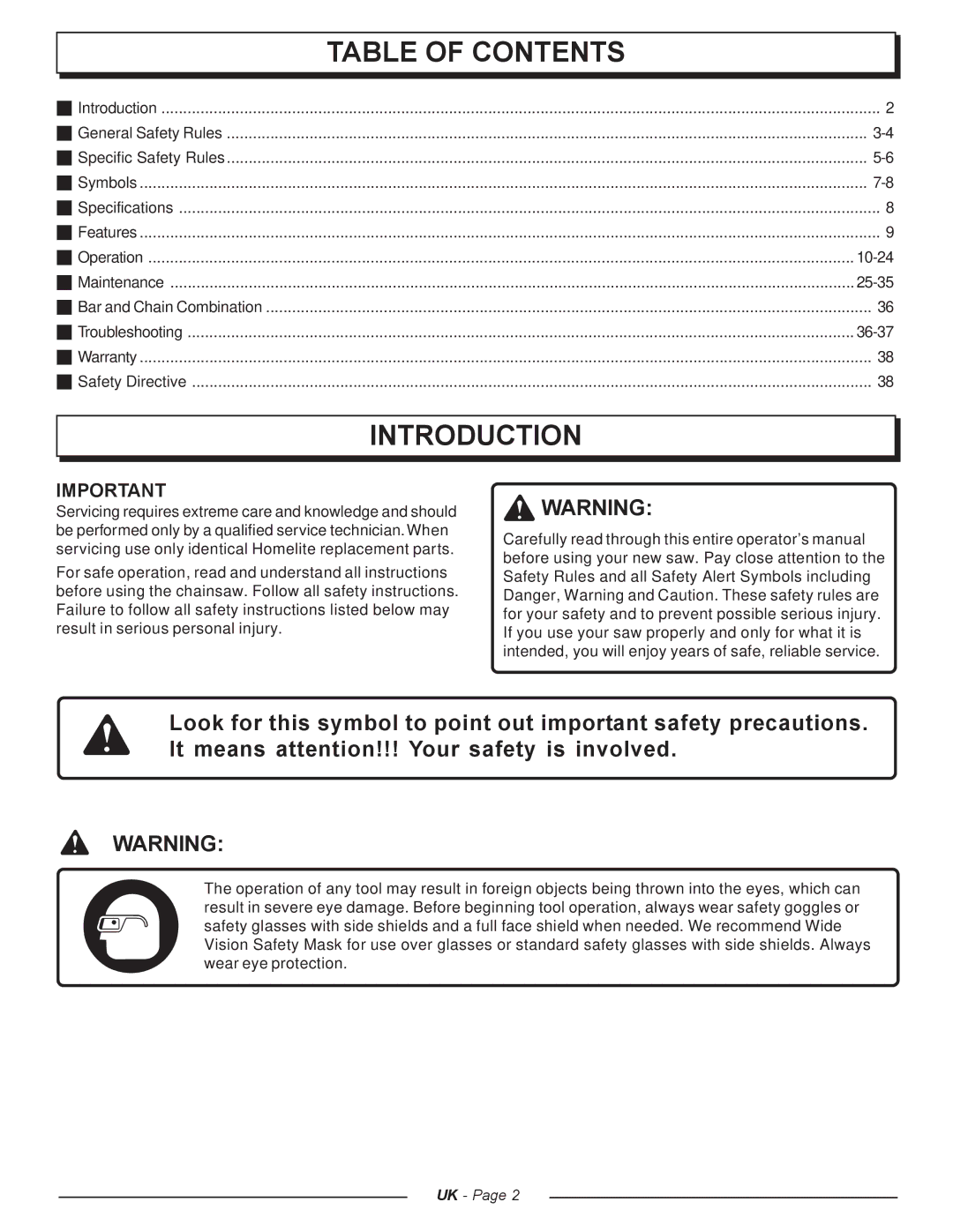 Homelite UT74121A manual Introduction, Table of Contents 