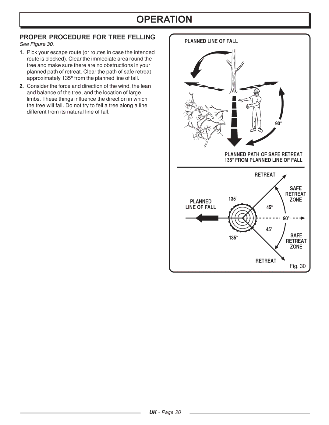 Homelite UT74121A manual Proper Procedure for Tree Felling, Planned Line of Fall, Retreat 