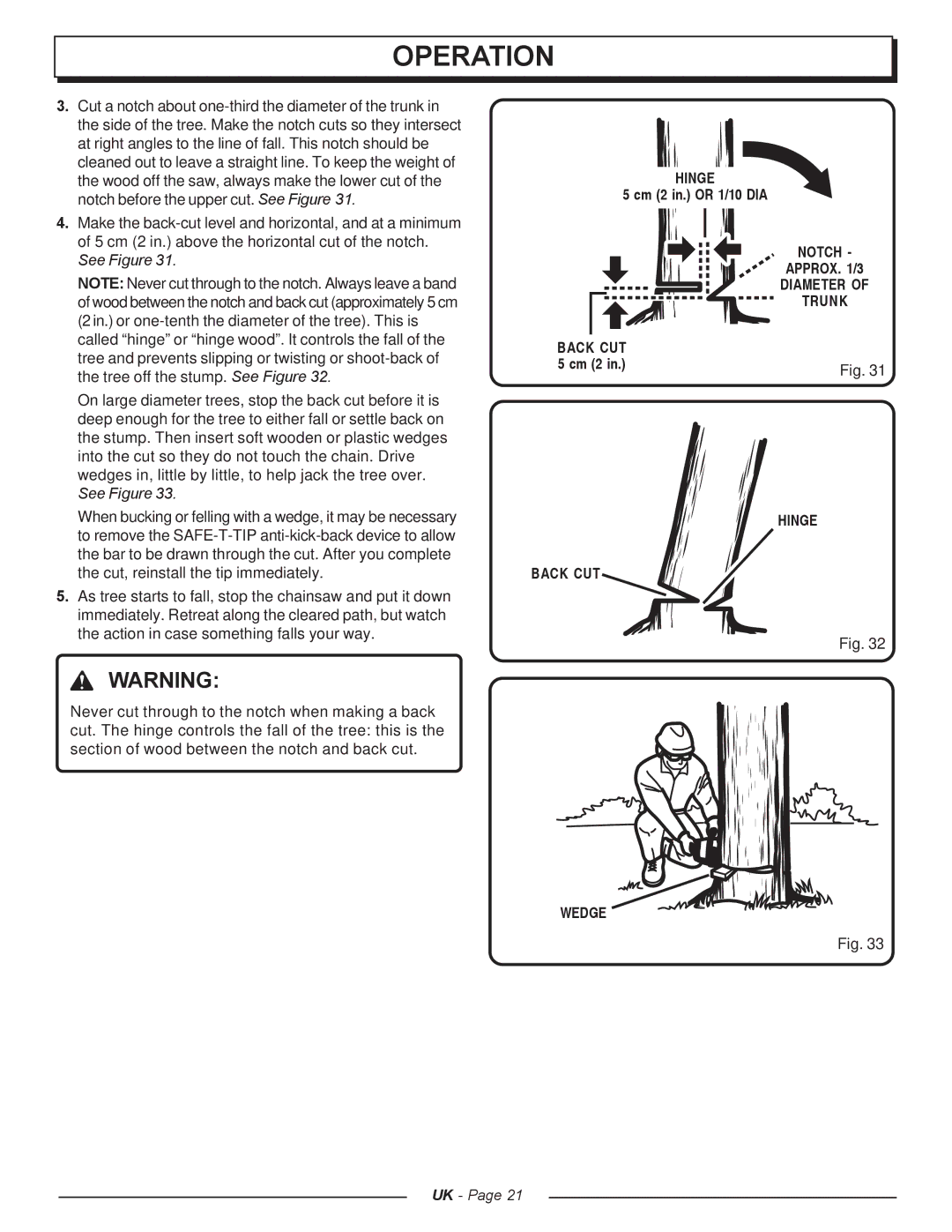 Homelite UT74121A manual Notch Approx /3 Diameter Trunk Back CUT, Hinge Back CUT, Wedge 