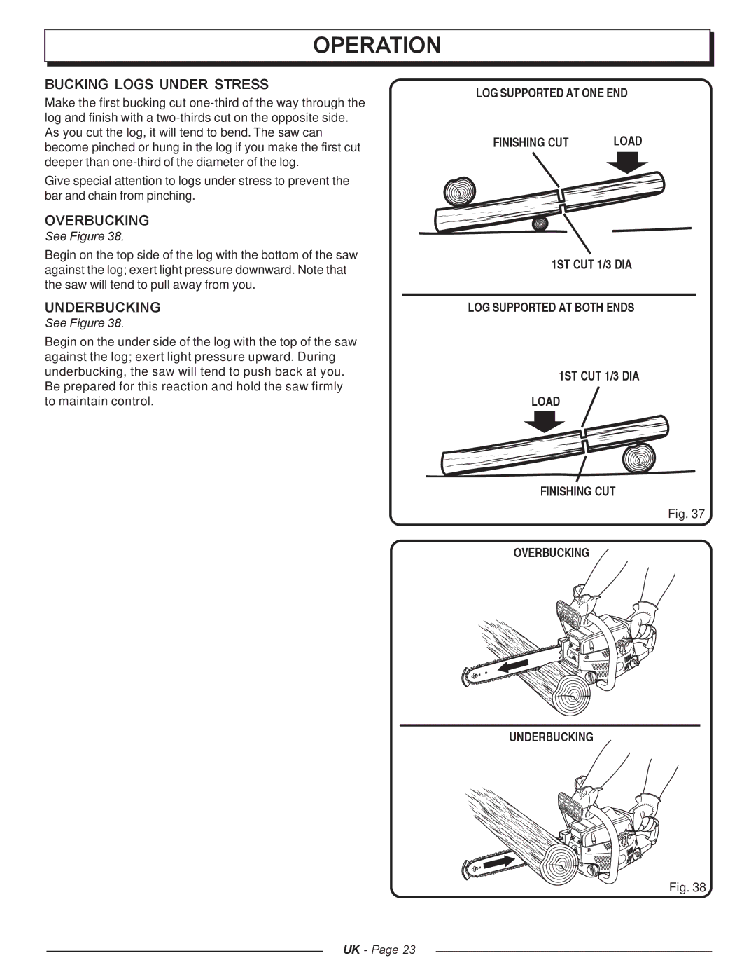 Homelite UT74121A manual Bucking Logs Under Stress, Overbucking, Underbucking, LOG Supported AT ONE END Finishing CUT 