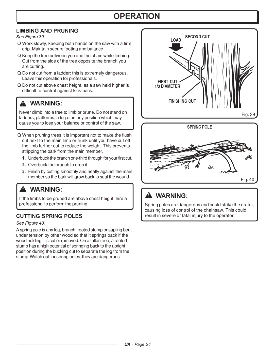 Homelite UT74121A manual Limbing and Pruning, Cutting Spring Poles, Load Second CUT, Finishing CUT Spring Pole 