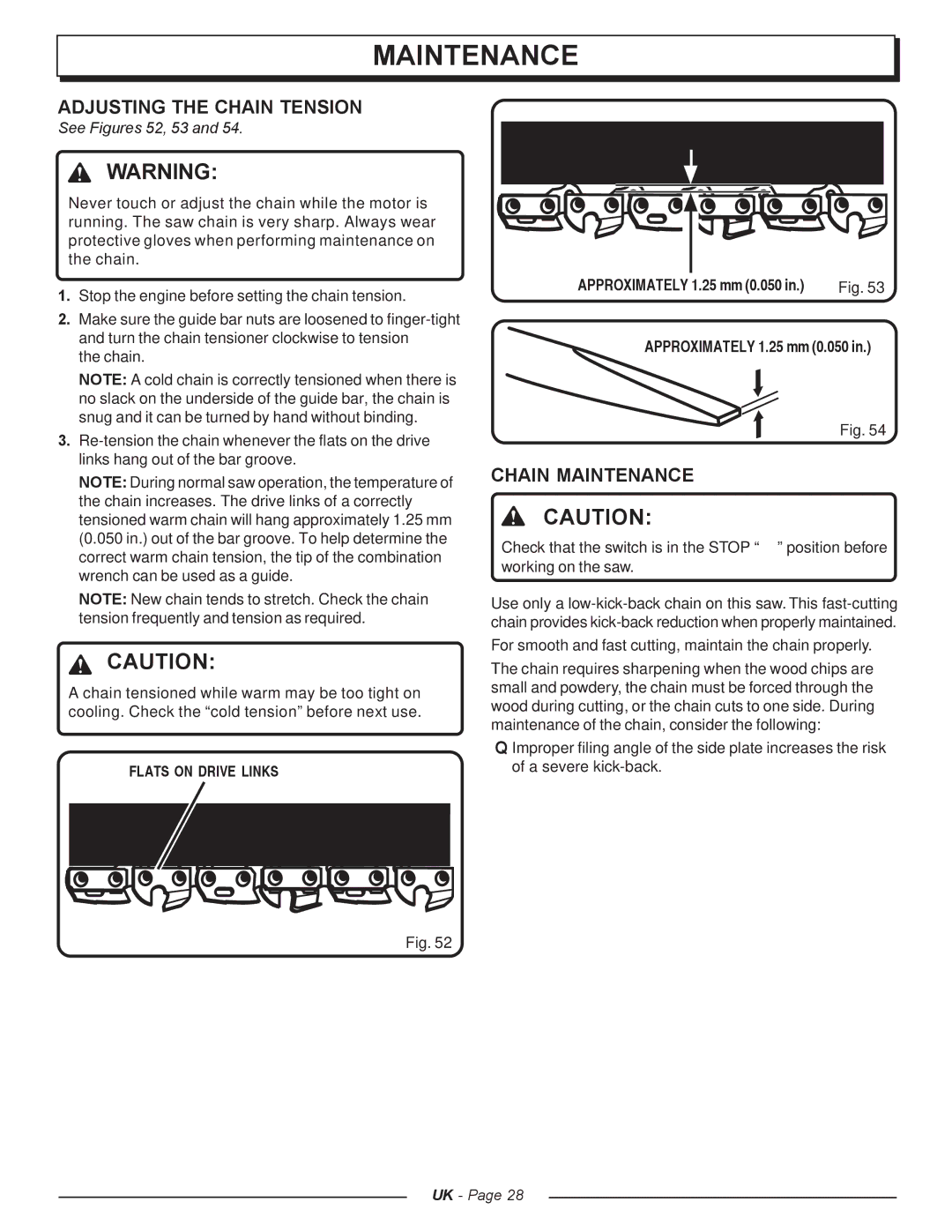 Homelite UT74121A manual Adjusting the Chain Tension, Chain Maintenance, See Figures 52, 53, Flats on Drive Links 