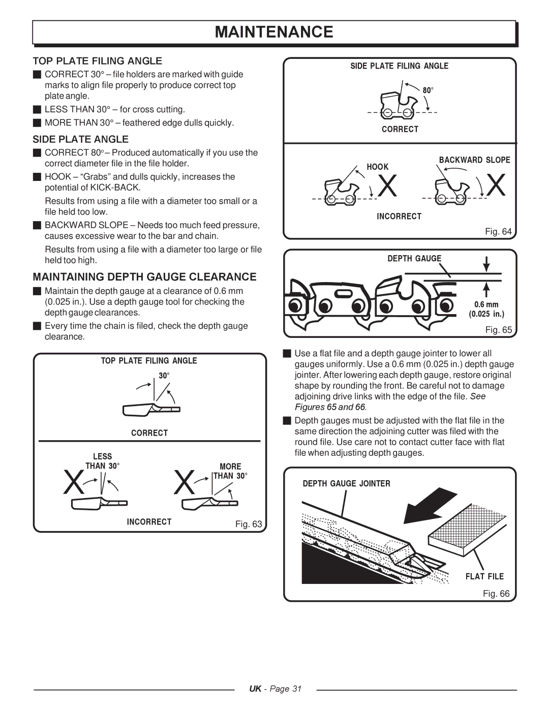 Homelite UT74121A manual Maintaining Depth Gauge Clearance, TOP Plate Filing Angle, Side Plate Angle 