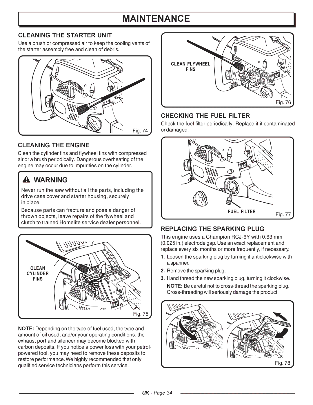 Homelite UT74121A Cleaning the Starter Unit, Checking the Fuel Filter, Cleaning the Engine, Replacing the Sparking Plug 