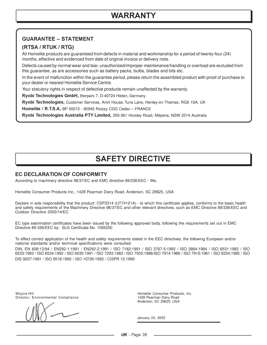 Homelite UT74121A manual Warranty, Safety Directive, Guarantee Statement Rtsa / Rtuk / RTG, EC Declaration of Conformity 