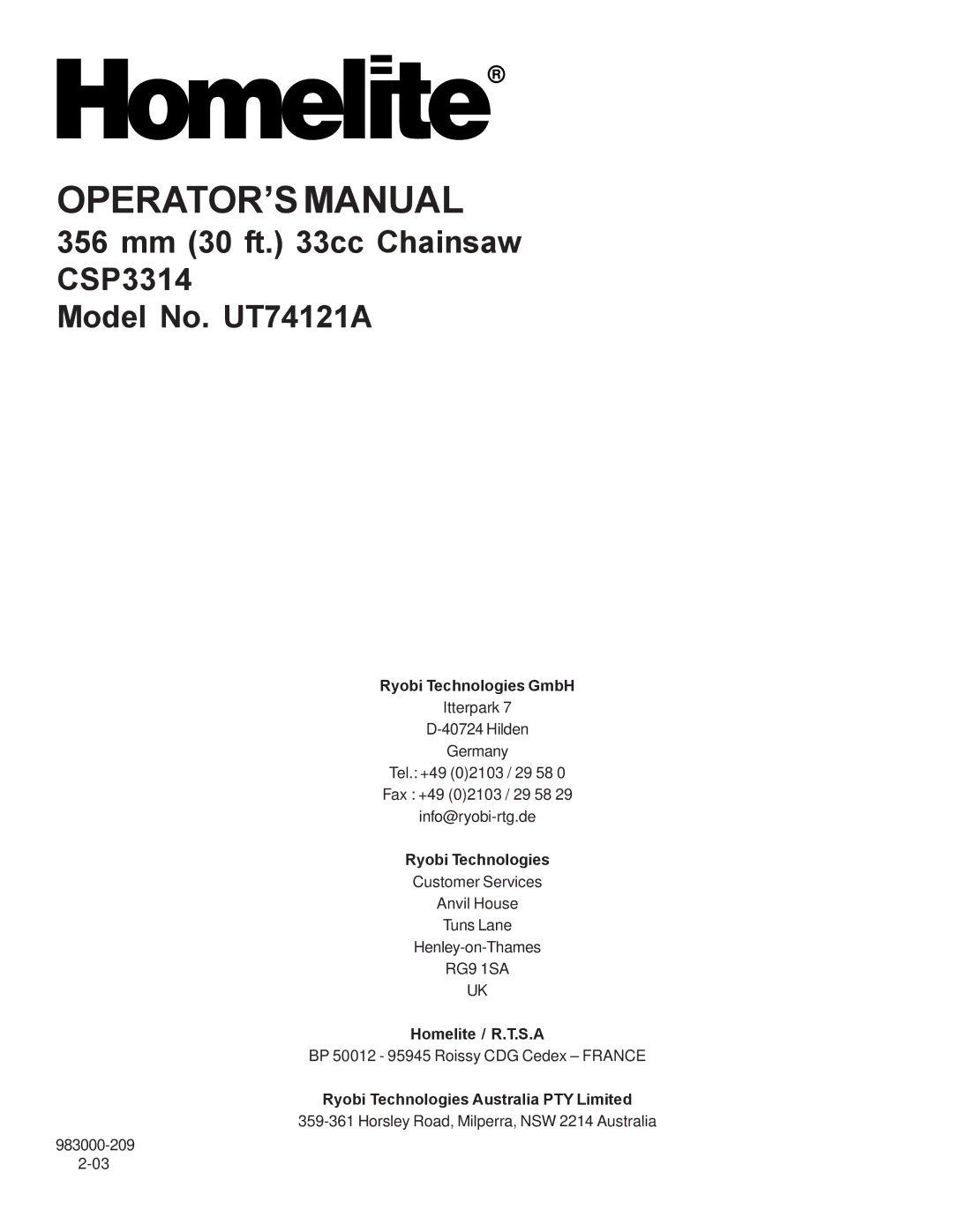 Homelite UT74121A manual Ryobi Technologies GmbH 