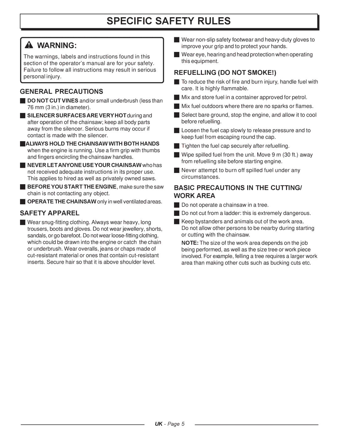 Homelite UT74121A manual Specific Safety Rules, General Precautions, Safety Apparel, Refuelling do not Smoke 