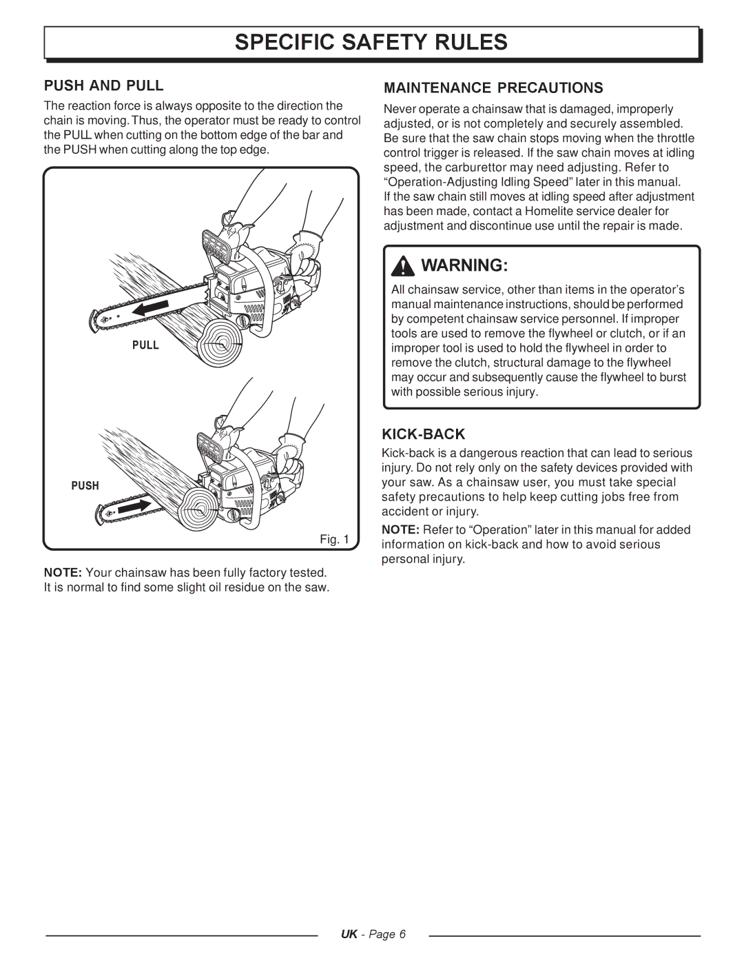 Homelite UT74121A manual Push and Pull, Maintenance Precautions, Kick-Back, Pull Push 