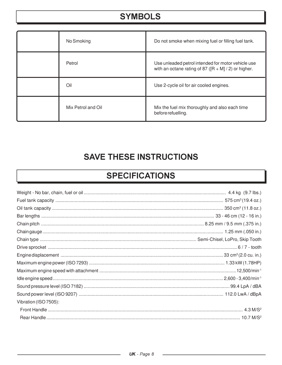 Homelite UT74121A manual Specifications 