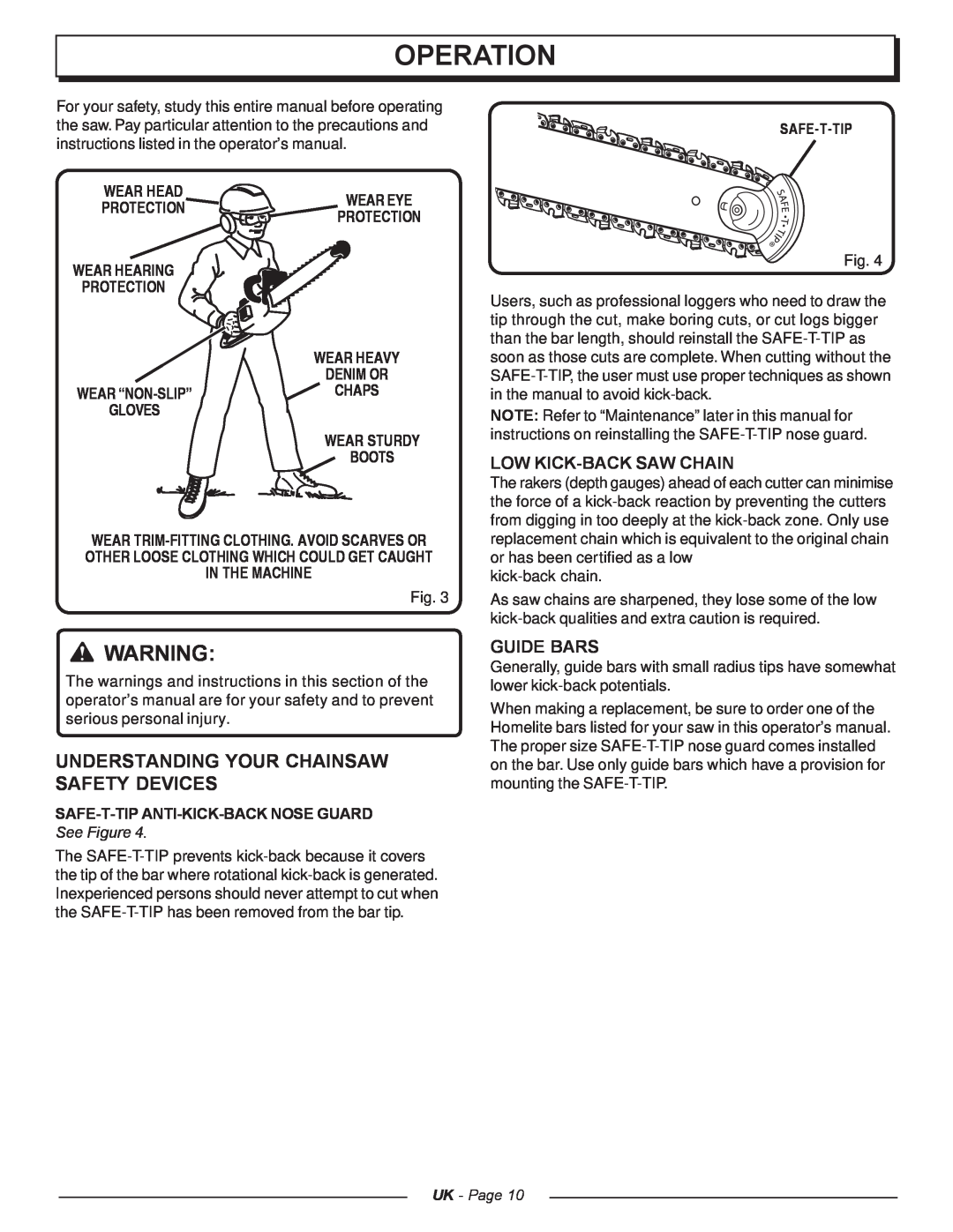 Homelite UT74121A Operation, Understanding Your Chainsaw Safety Devices, Low Kick-Back Saw Chain, Guide Bars, Wear Head 
