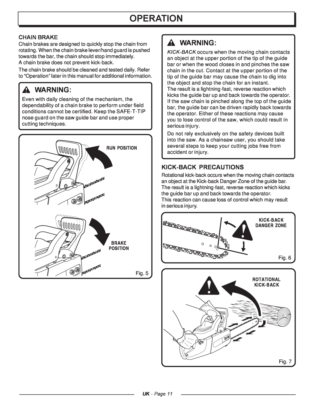Homelite UT74121A manual Kick-Back Precautions, Chain Brake, Run Position, Kick-Back Danger Zone Brake Position, Operation 
