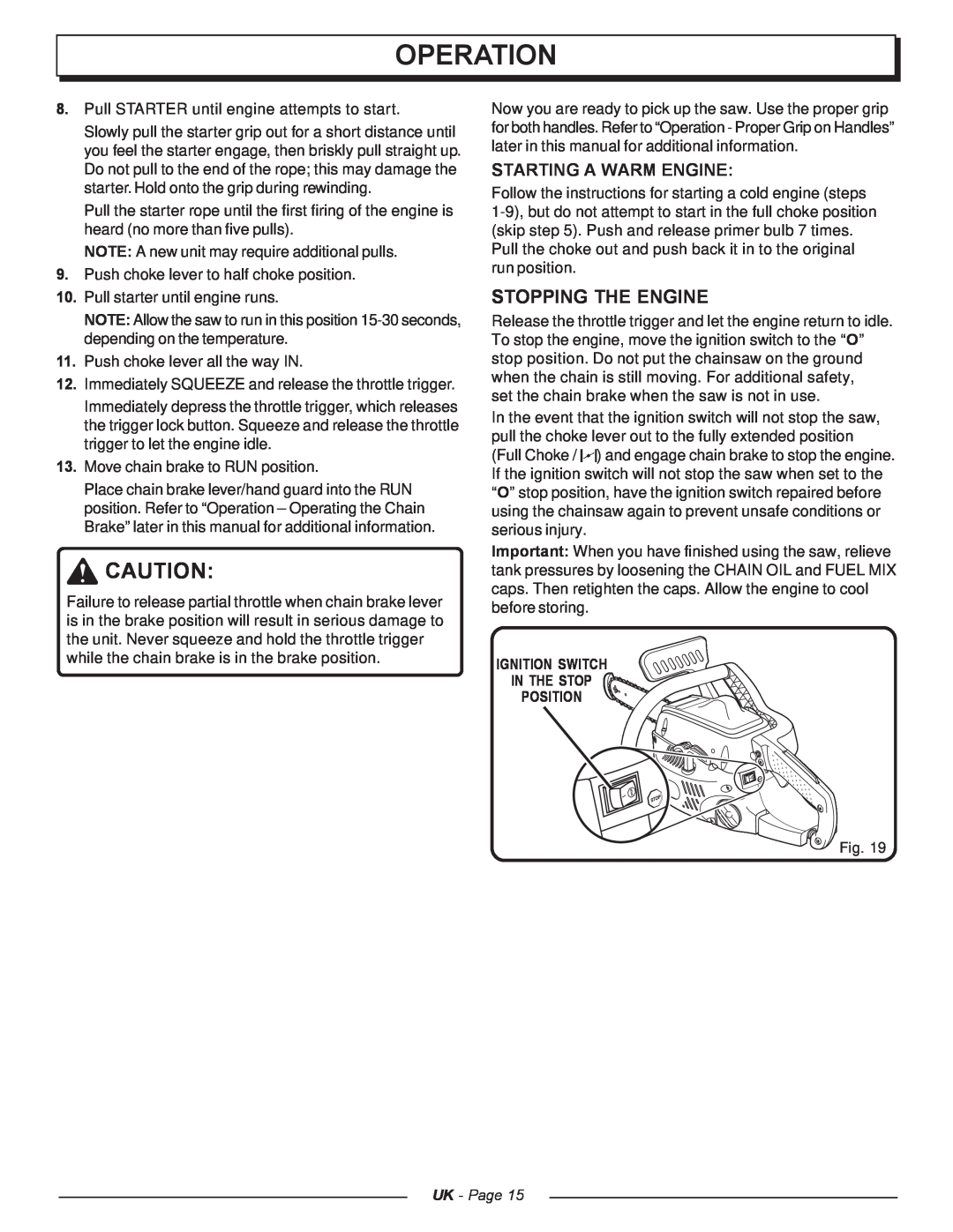 Homelite UT74121A manual Stopping The Engine, Starting A Warm Engine, Operation, UK - Page 
