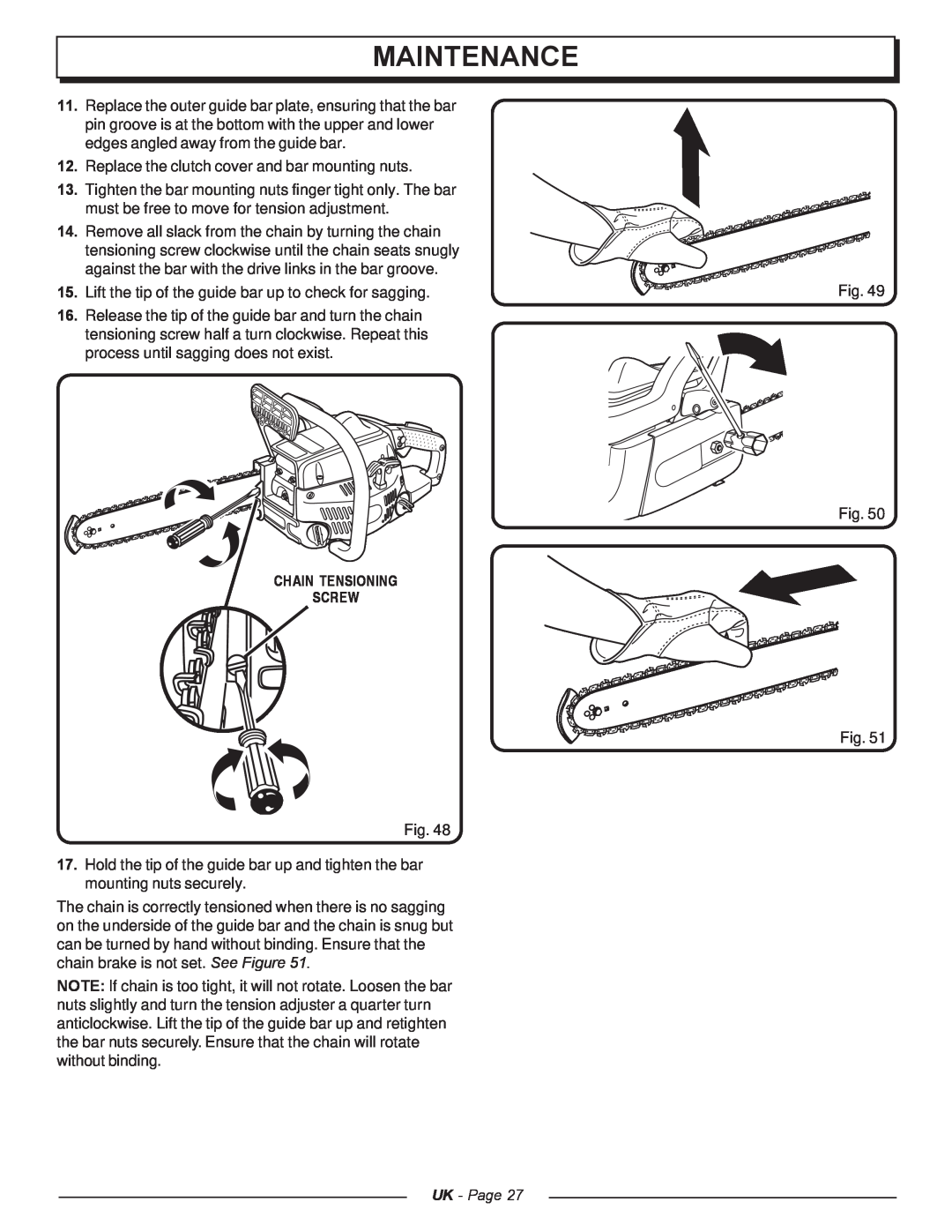 Homelite UT74121A manual Chain Tensioning Screw, Maintenance, UK - Page 