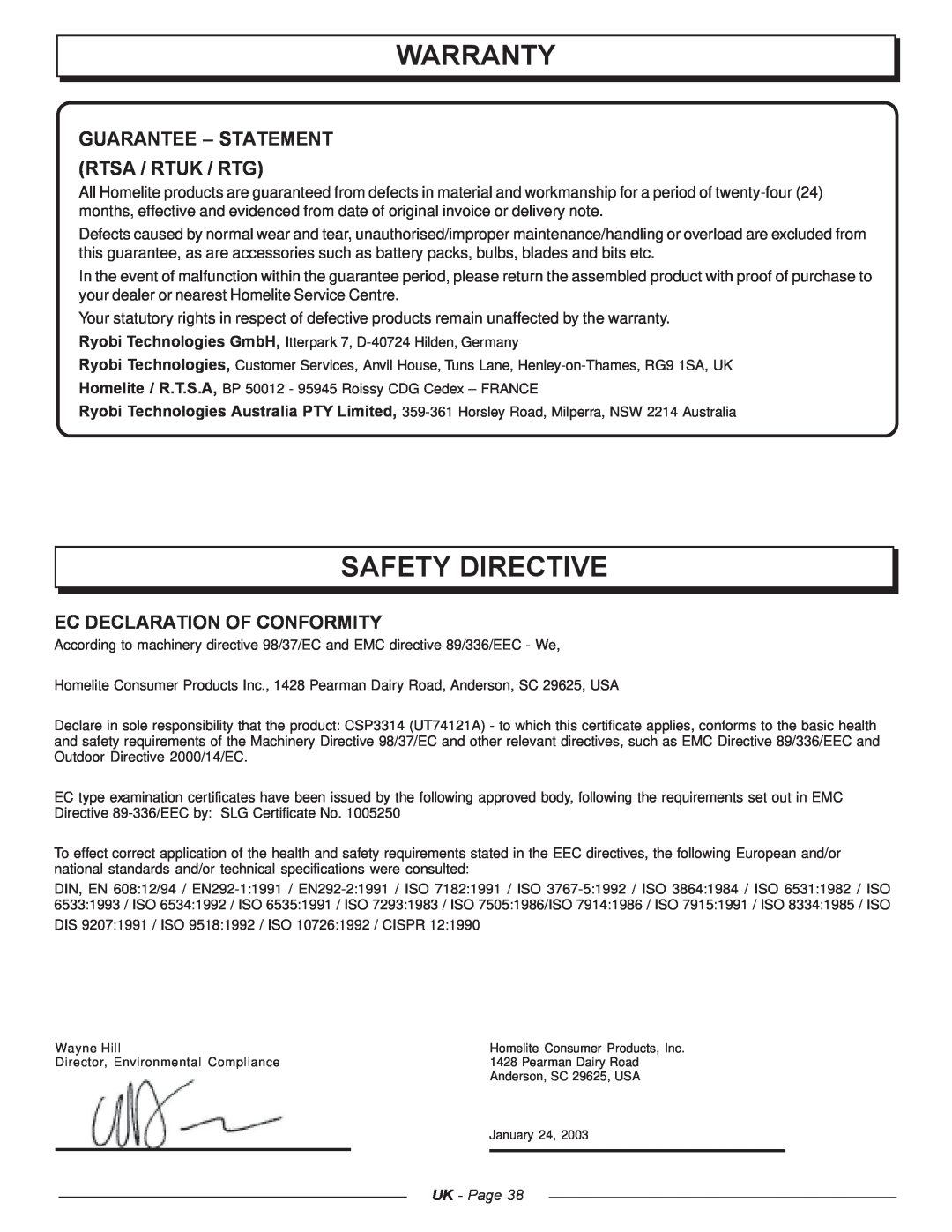 Homelite UT74121A manual Warranty, Safety Directive, Guarantee - Statement Rtsa / Rtuk / Rtg, Ec Declaration Of Conformity 