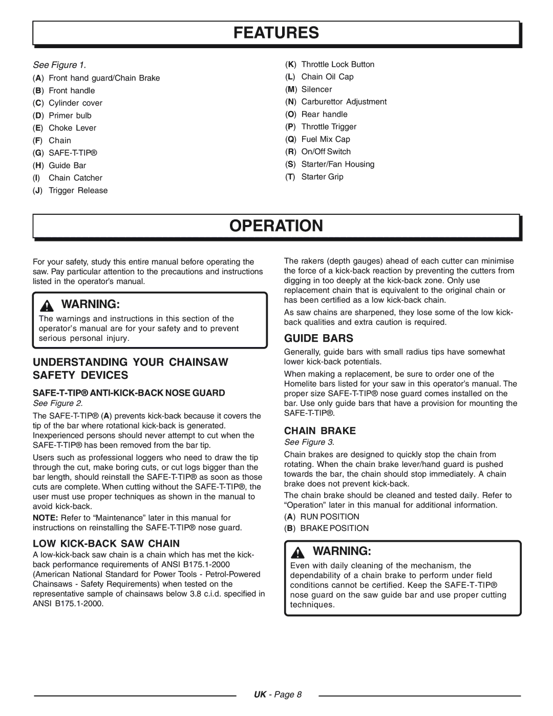 Homelite UT74121D manual Features, Operation, Understanding Your Chainsaw Safety Devices, Guide Bars 