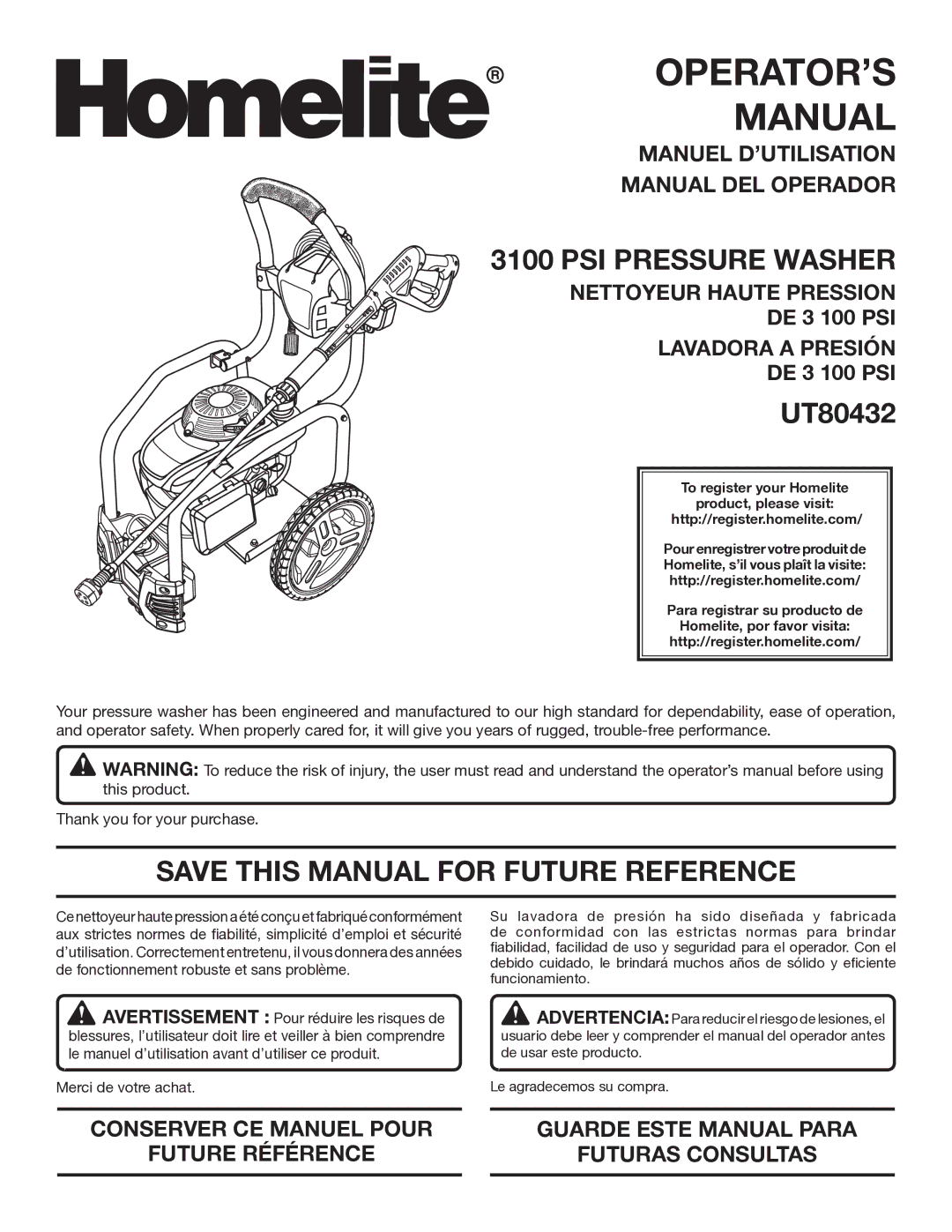 Homelite UT80432 manuel dutilisation PSI Pressure Washer, Save this Manual for Future Reference 