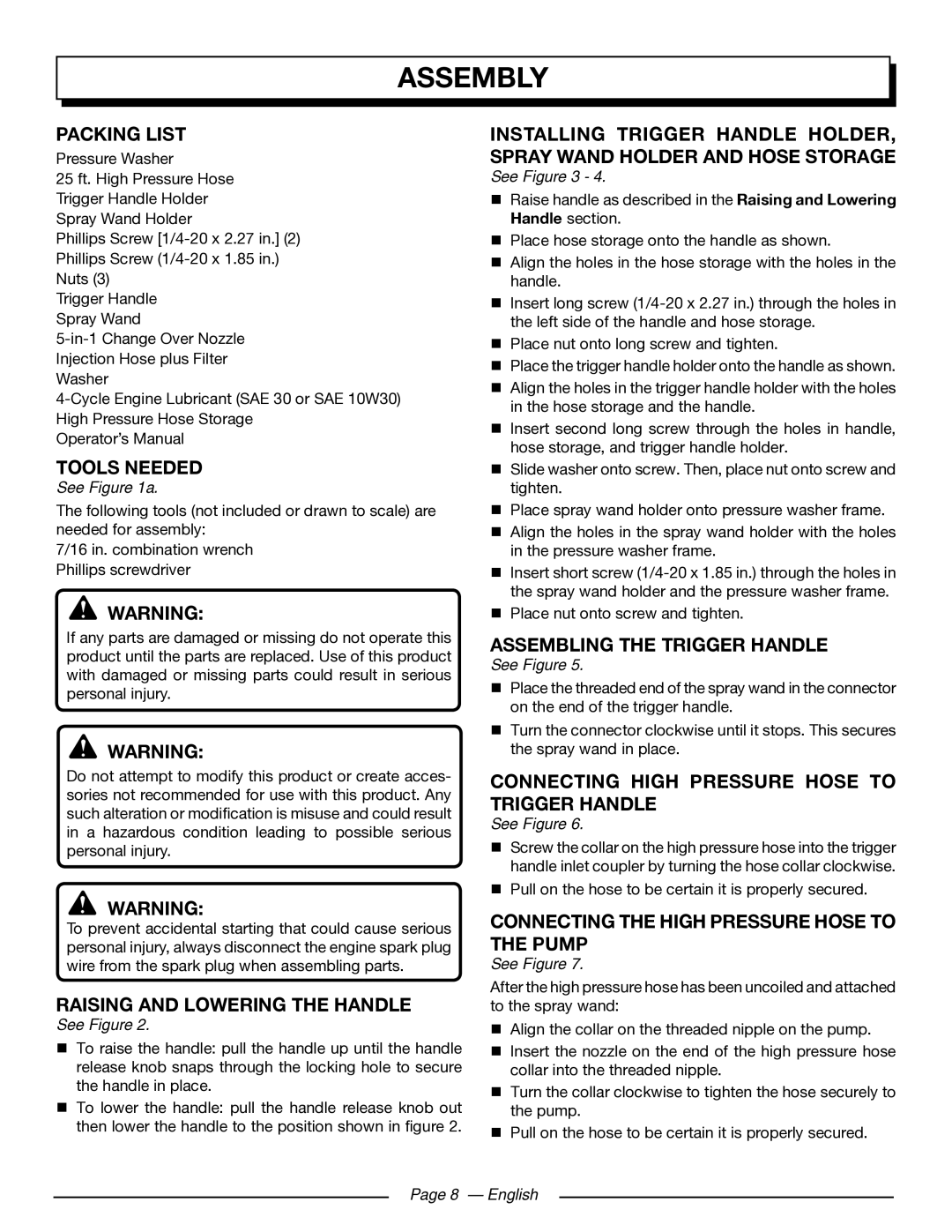 Homelite UT80432 Packing List, Tools Needed, Raising and Lowering the Handle, Assembling the Trigger Handle 