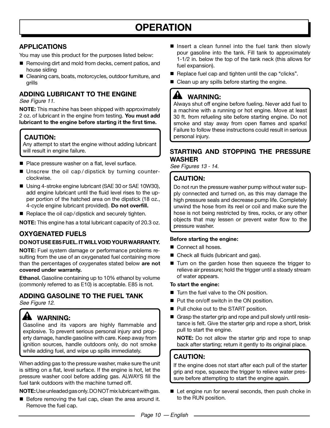 Homelite UT80432 Applications, Adding Lubricant to the Engine, Starting and Stopping the Pressure Washer, Oxygenated Fuels 