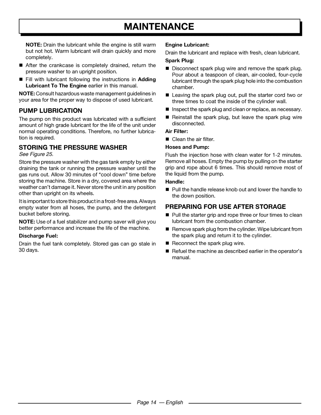 Homelite UT80432 Pump Lubrication, Storing the Pressure Washer, Preparing for USE After Storage, English 