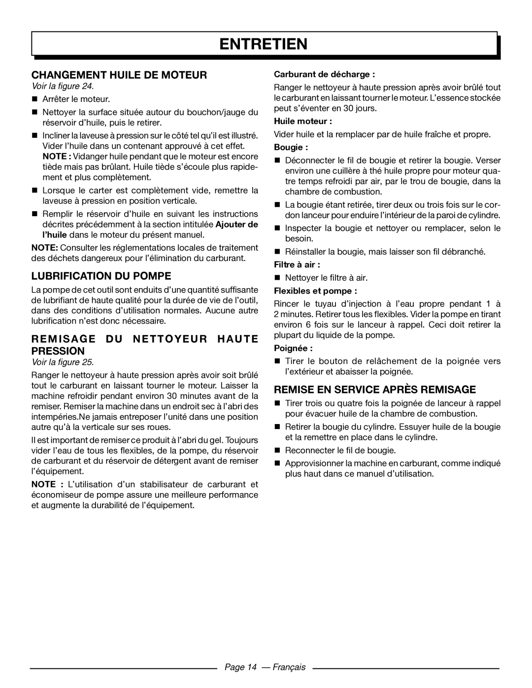 Homelite UT80432 Changement Huile DE Moteur, Lubrification DU Pompe, Remisage DU Nettoyeur Haute Pression, Français 