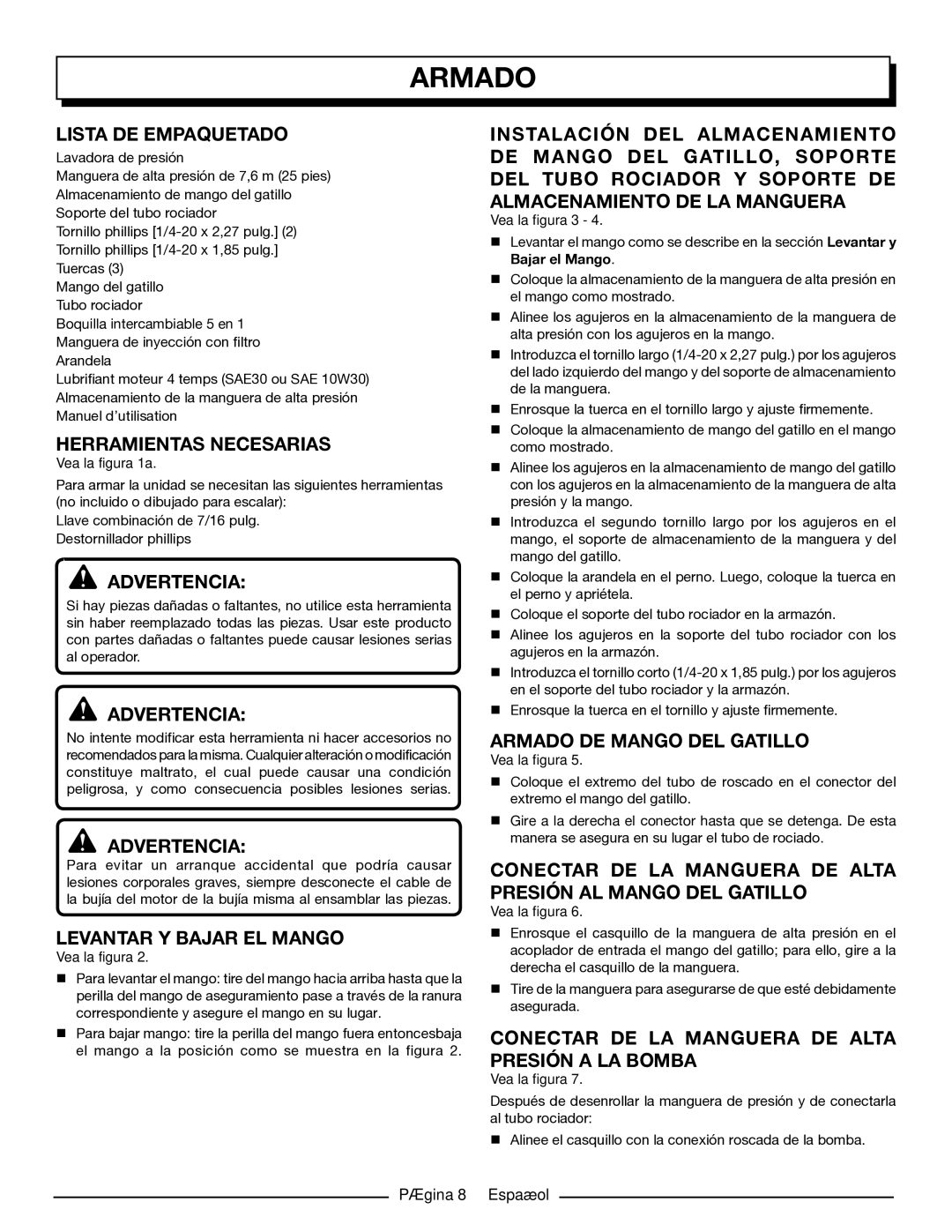 Homelite UT80432 Lista DE Empaquetado, Herramientas Necesarias, Levantar Y Bajar EL Mango, Armado DE Mango DEL Gatillo 