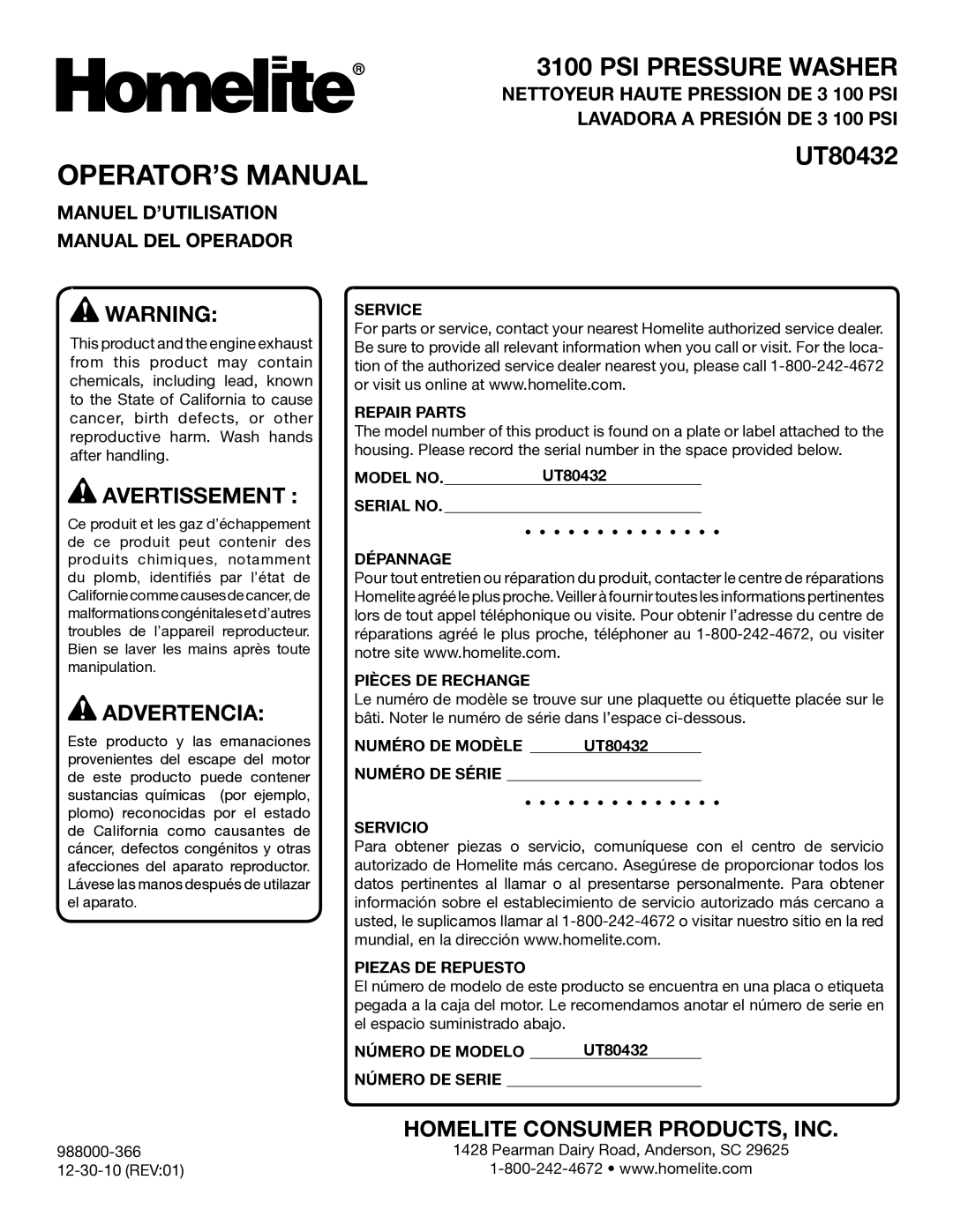 Homelite UT80432 manuel dutilisation OPERATOR’S Manual, Manuel D’UTILISATION Manual DEL Operador 