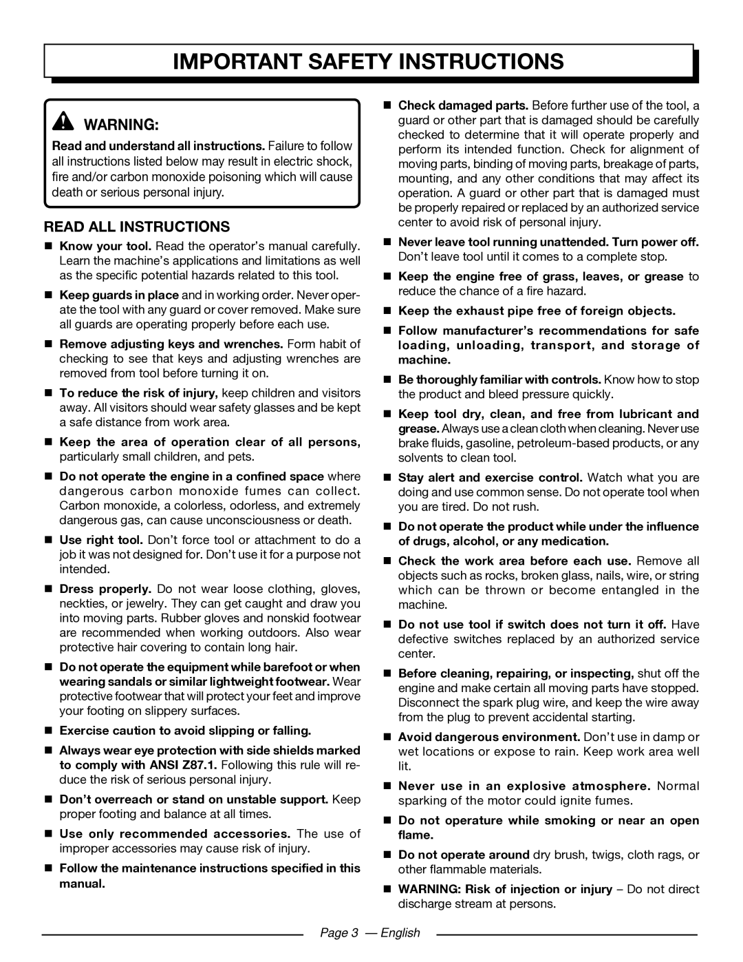 Homelite UT80432 manuel dutilisation Important Safety Instructions, Read ALL Instructions, English 