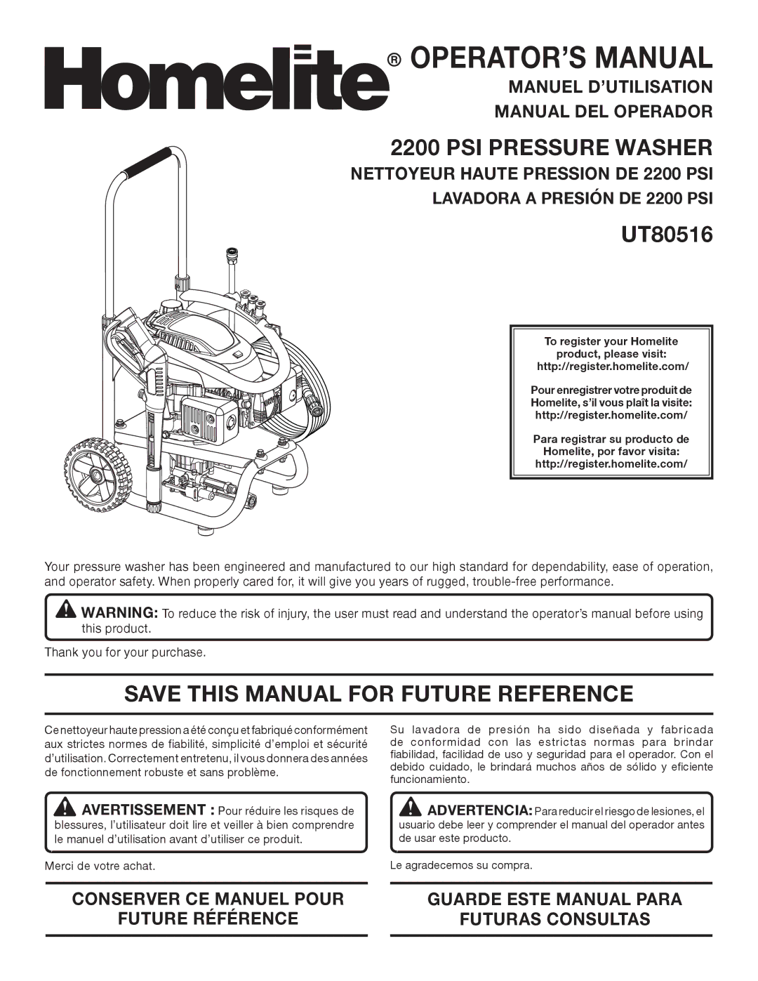 Homelite UT80516 manuel dutilisation PSI Pressure Washer, Save this Manual for Future Reference 