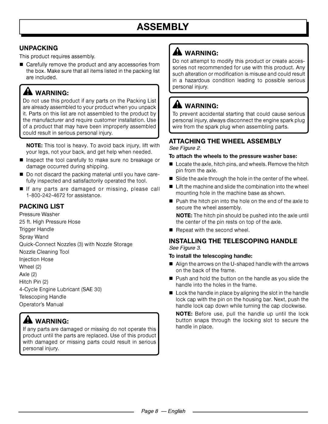 Homelite UT80516 Assembly, Unpacking, Packing List, Attaching the wheel assembly, INSTALLing the Telescoping handle 