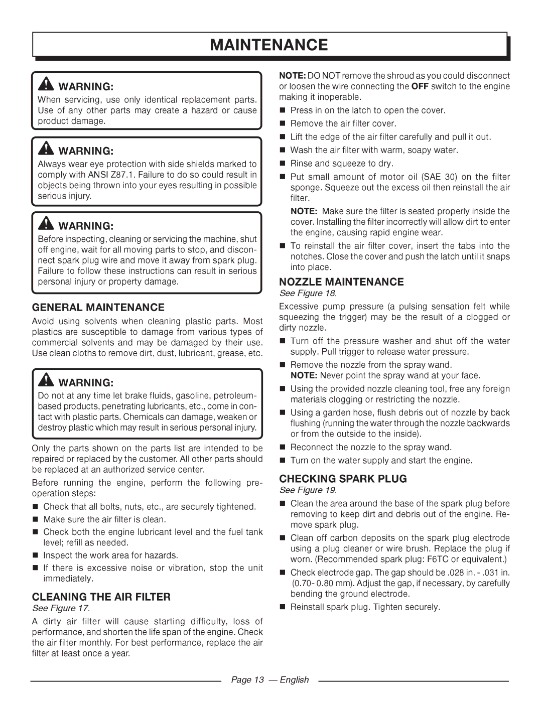 Homelite UT80516 General Maintenance, Cleaning the air filter, Nozzle maintenance, Checking Spark Plug 