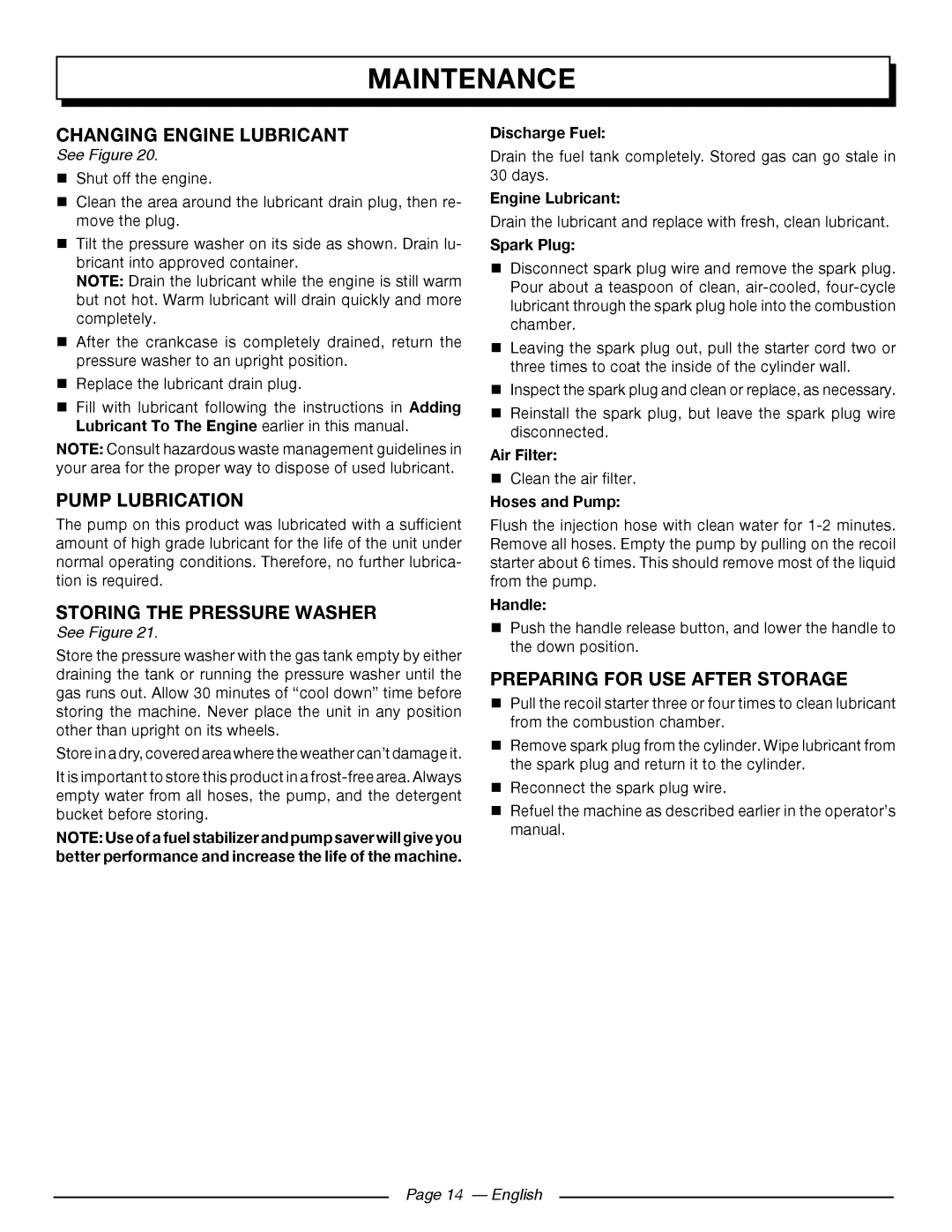 Homelite UT80516 Changing engine lubricant, Pump lubrication, Storing the pressure washer, Preparing for use after storage 