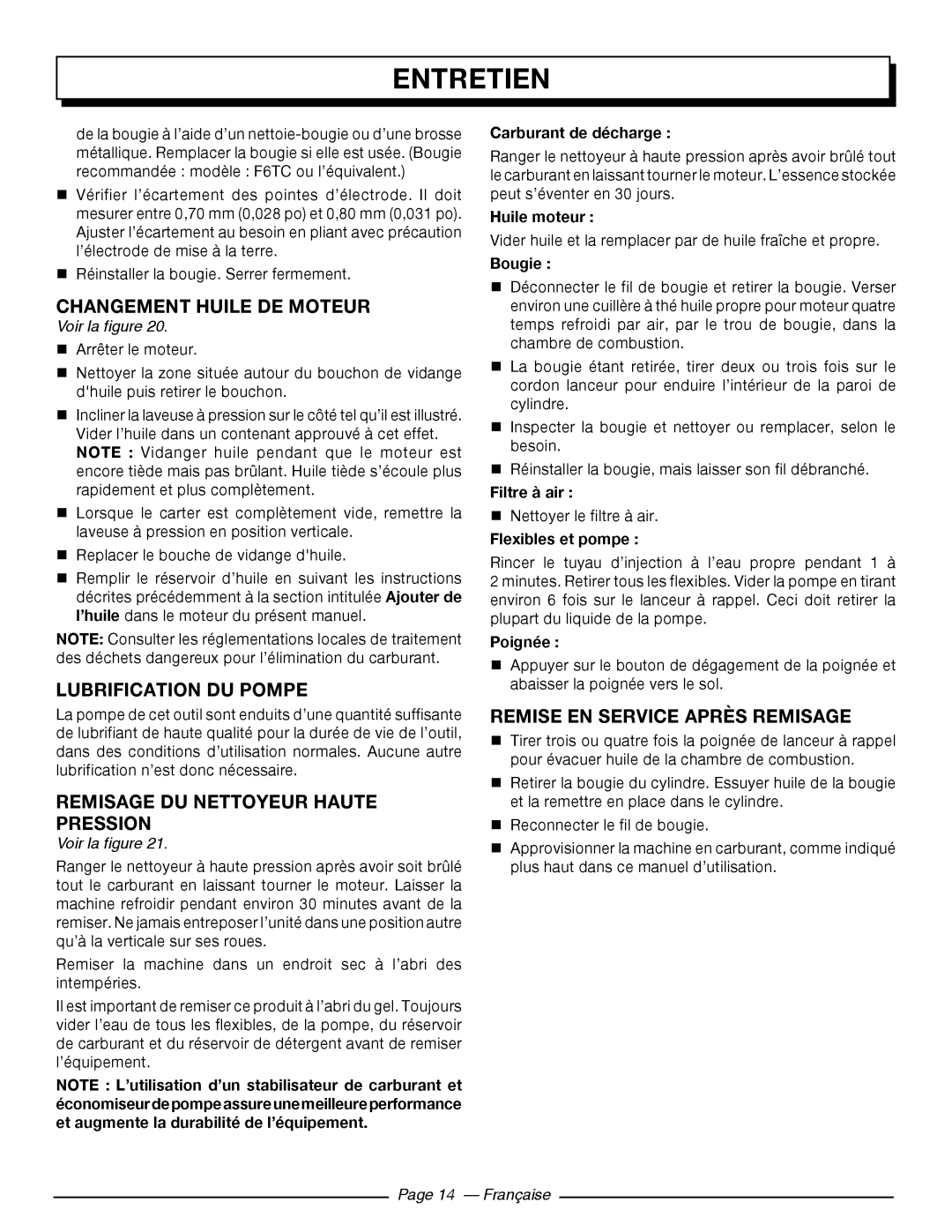 Homelite UT80516 Changement huile de moteur, Lubrification DU pompe, Remisage du nettoyeur haute pression 