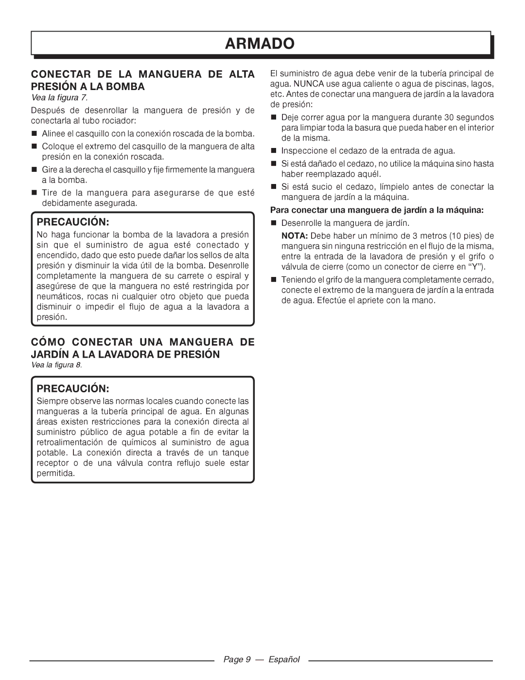 Homelite UT80516 Conectar de la manguera de alta presión a la bomba, Para conectar una manguera de jardín a la máquina 