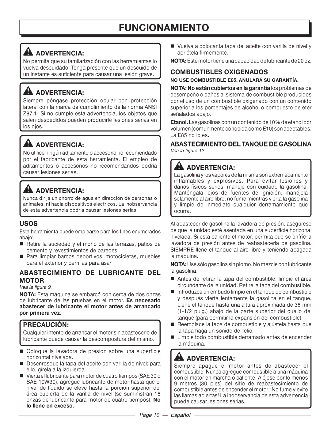 Homelite UT80516 manuel dutilisation Funcionamiento, Combustibles Oxigenados, Usos, AbASTECIMIENTO DE LubRICANTE DEL Motor 