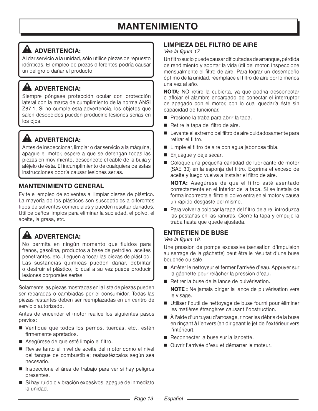 Homelite UT80516 manuel dutilisation Mantenimiento General, Limpieza del filtro de aire 