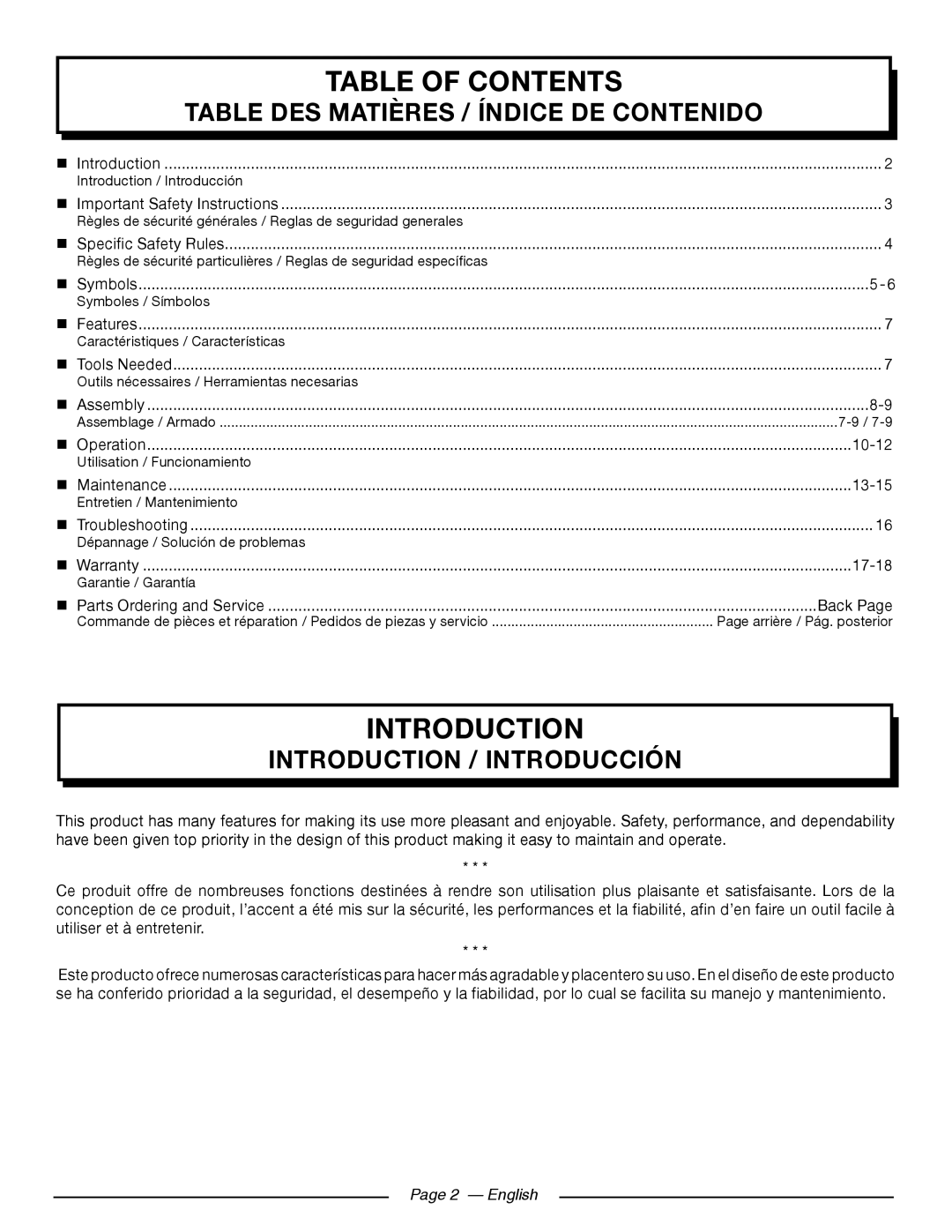 Homelite UT80516 manuel dutilisation Table of Contents 