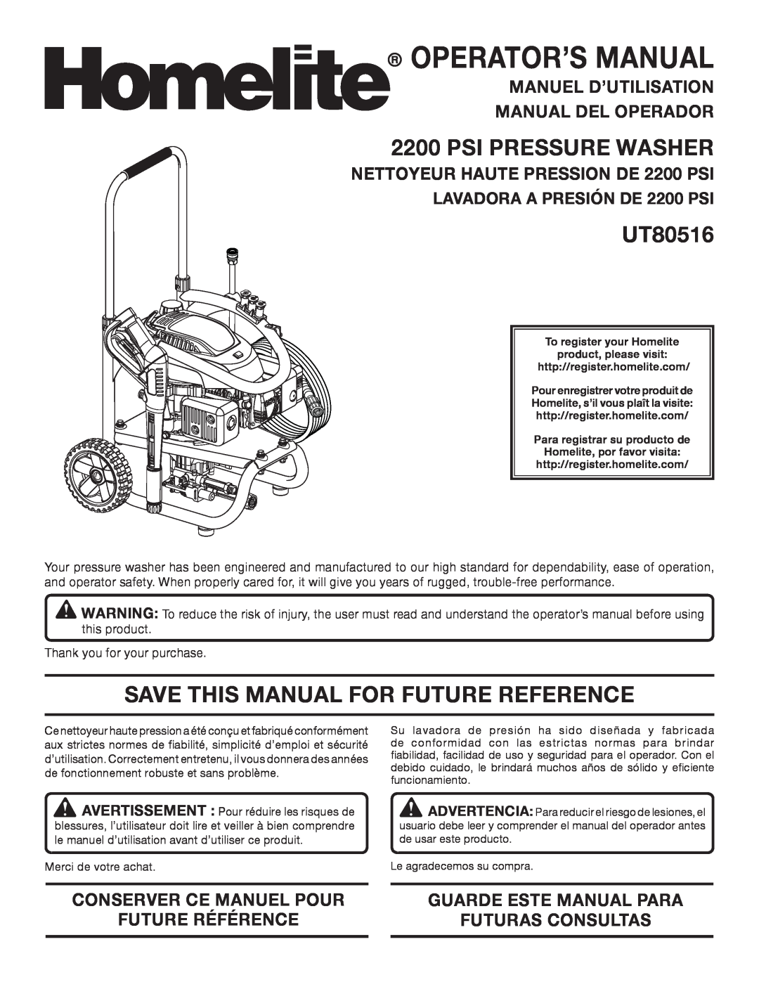 Homelite UT80516 manuel dutilisation Psi Pressure Washer, Save This Manual For Future Reference, Operator’S Manual 
