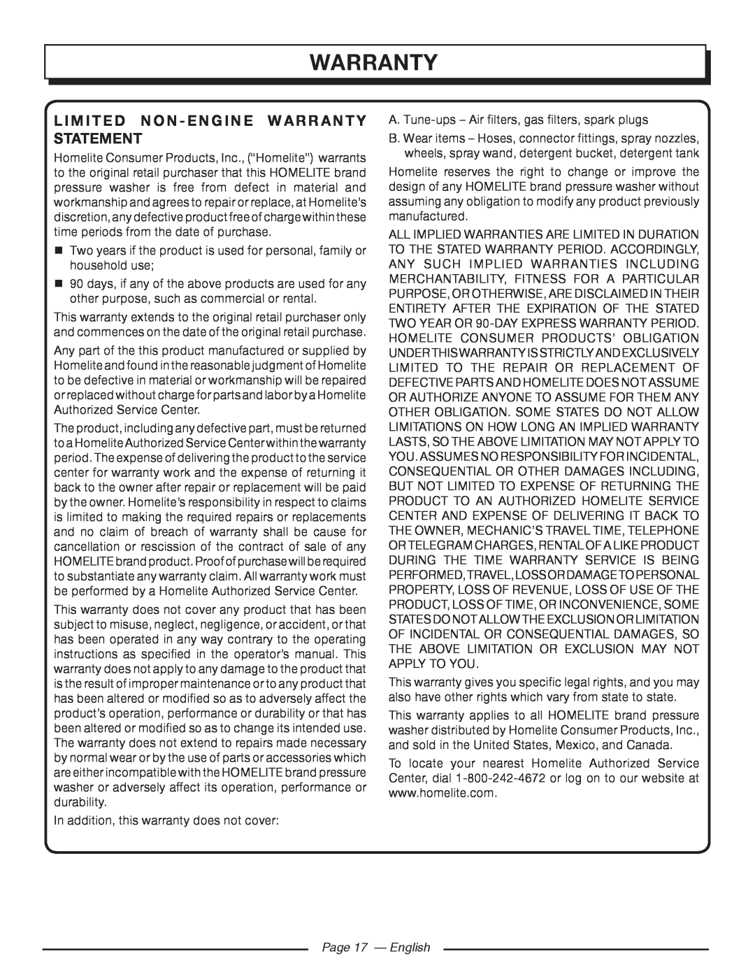 Homelite UT80516 manuel dutilisation Limited Non - Engine Warranty Statement, Page 17 - English 