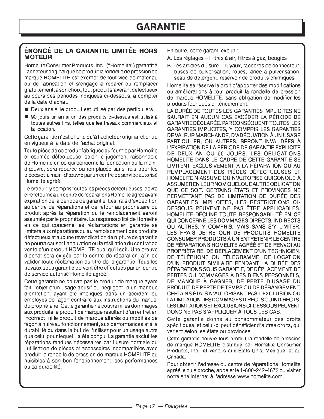 Homelite UT80516 manuel dutilisation Énoncé De La Garantie Limitée Hors Moteur, Page 17 - Française 