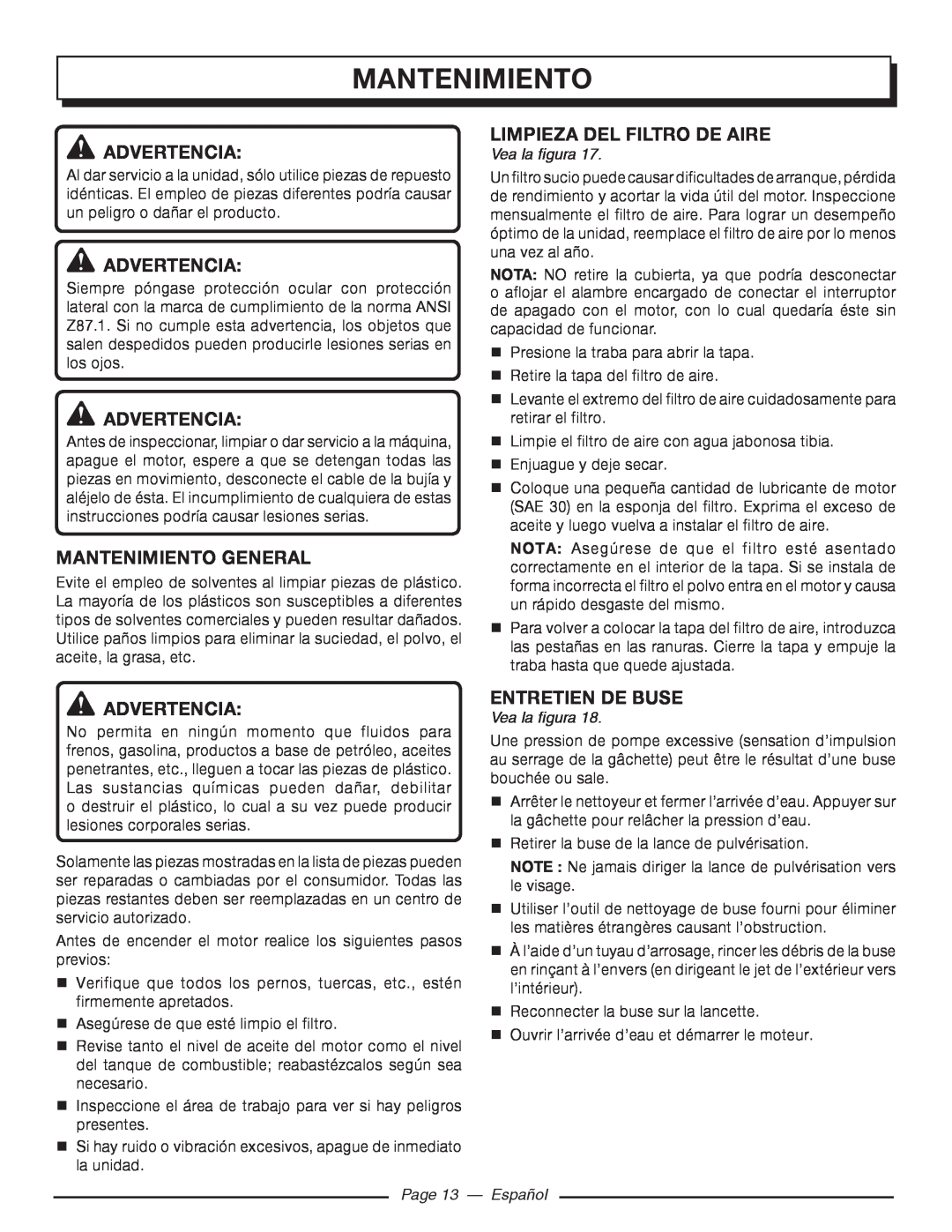Homelite UT80516 Mantenimiento General, limpieza del filtro de aire, Page 13 - Español, Advertencia, entretien de buse 