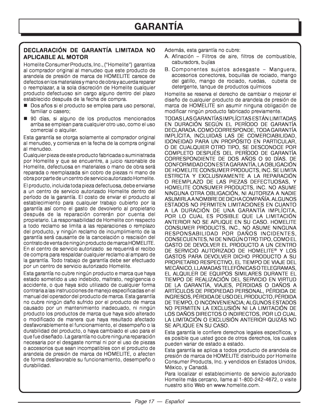 Homelite UT80516 manuel dutilisation Declaración De Garantía Limitada No Aplicable Al Motor, Page 17 - Español 